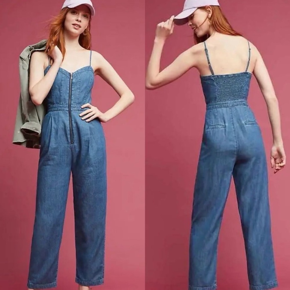Anthropologie Pilcro And The Letterpress Blue Denim Zip Front Jumpsuit